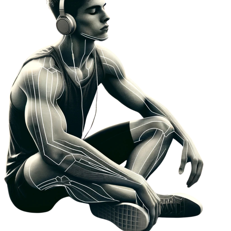 High Jump Psychology: A high jumper sitting calmly on a track, a single drop of sweat on their brow.