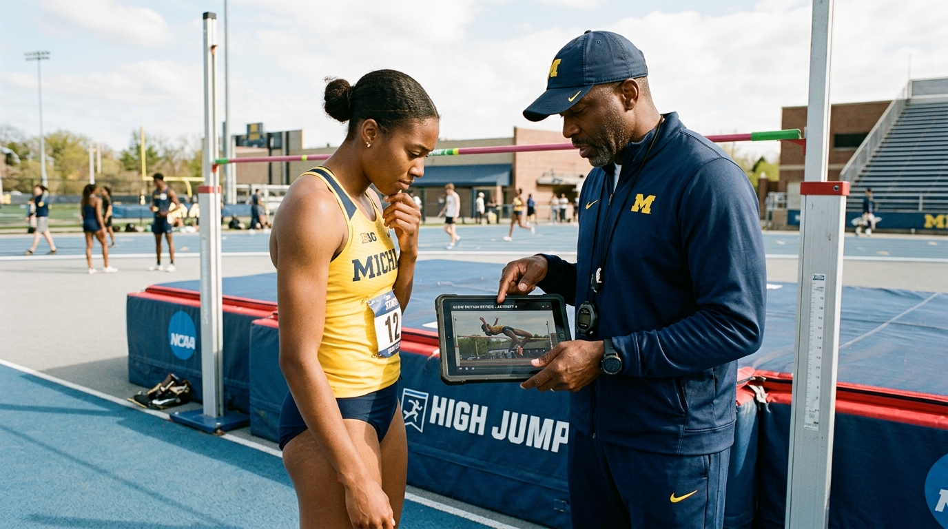 High jump coach reviewing video footage with athlete at the pit during a technical training session