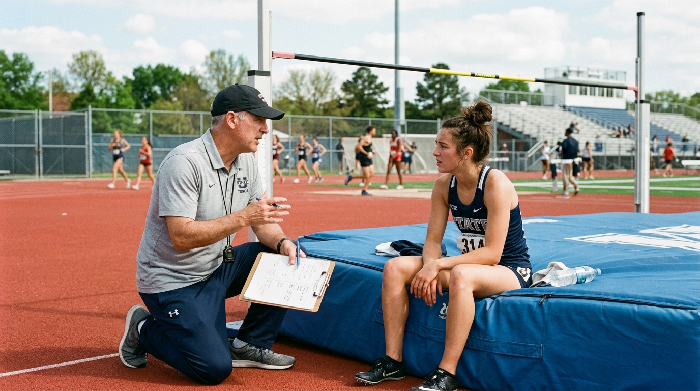 High jump coach giving post-jump technical feedback to an athlete at a training session