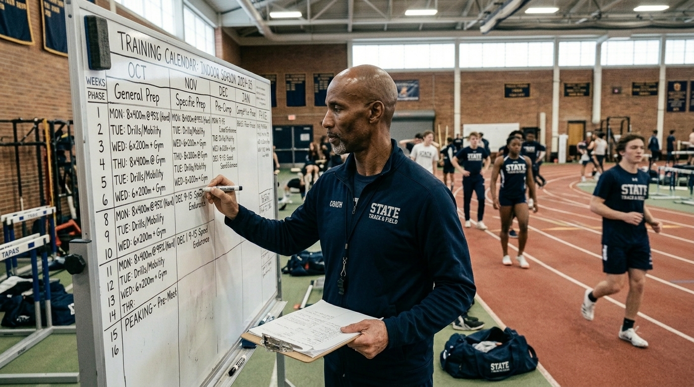 High jump coach planning the annual training calendar with phases marked for technical development and competition preparation
