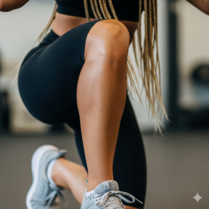 High Jump Injury Prevention: a close-up shot of her ankle and knee while performs a single-leg squat.