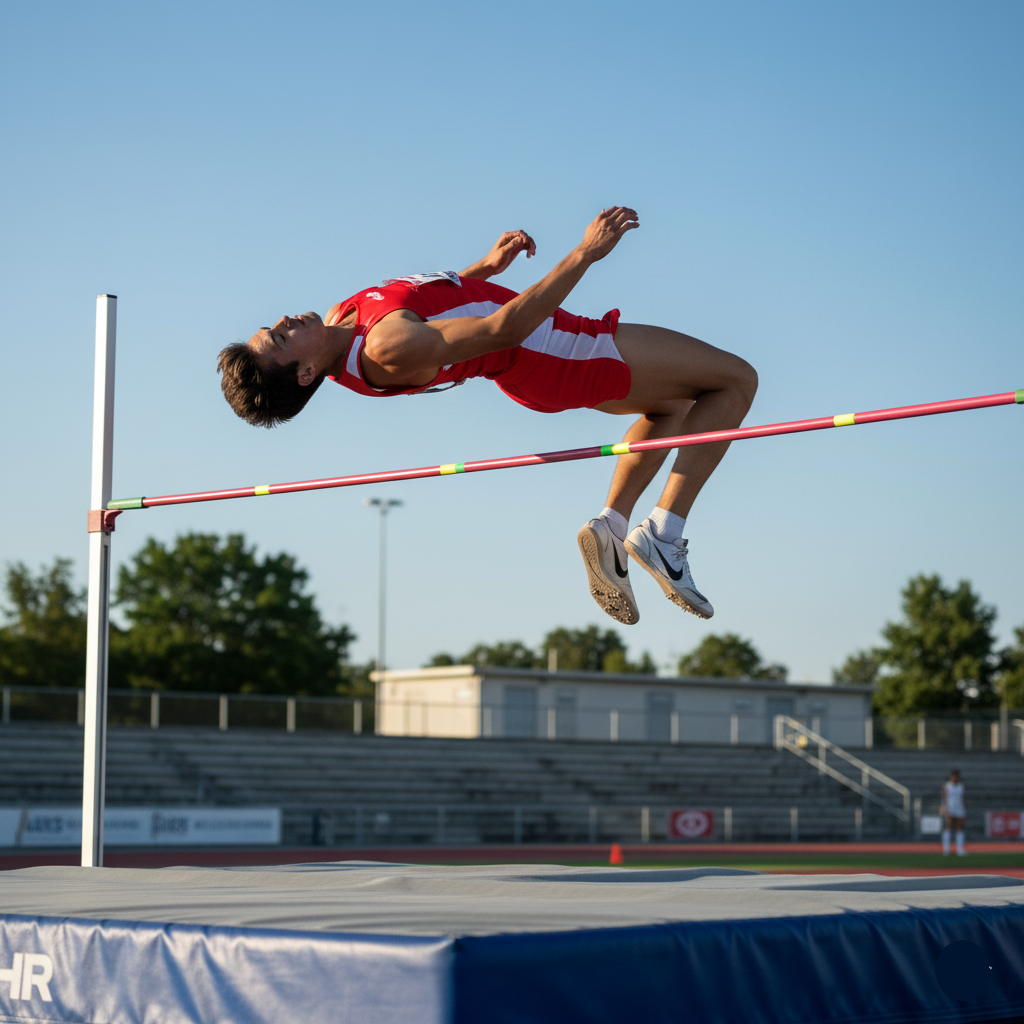 High Jumper Training Load: A high jumper in mid-air, clearing the bar, with an emphasis on their athletic form.