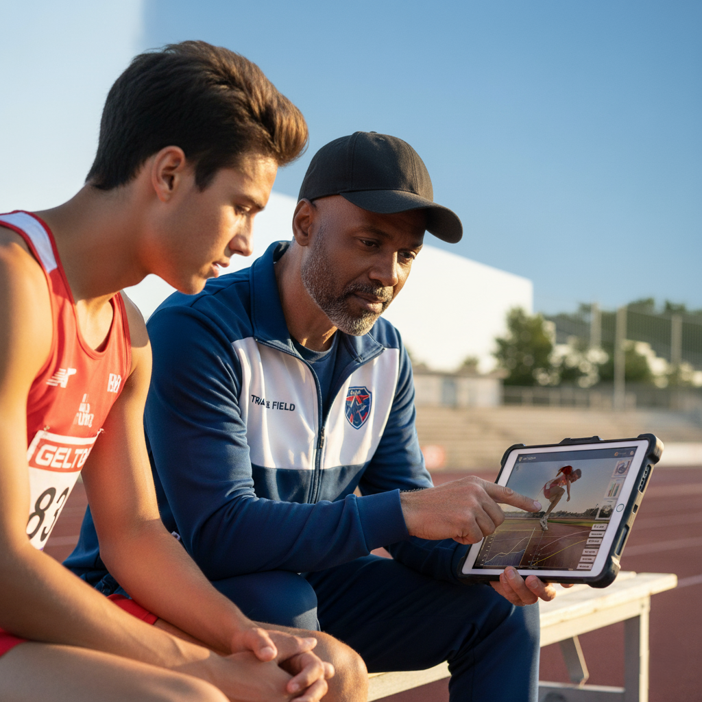 High Jumper Training Load: A coach and a high jumper analyzing performance data on a tablet.