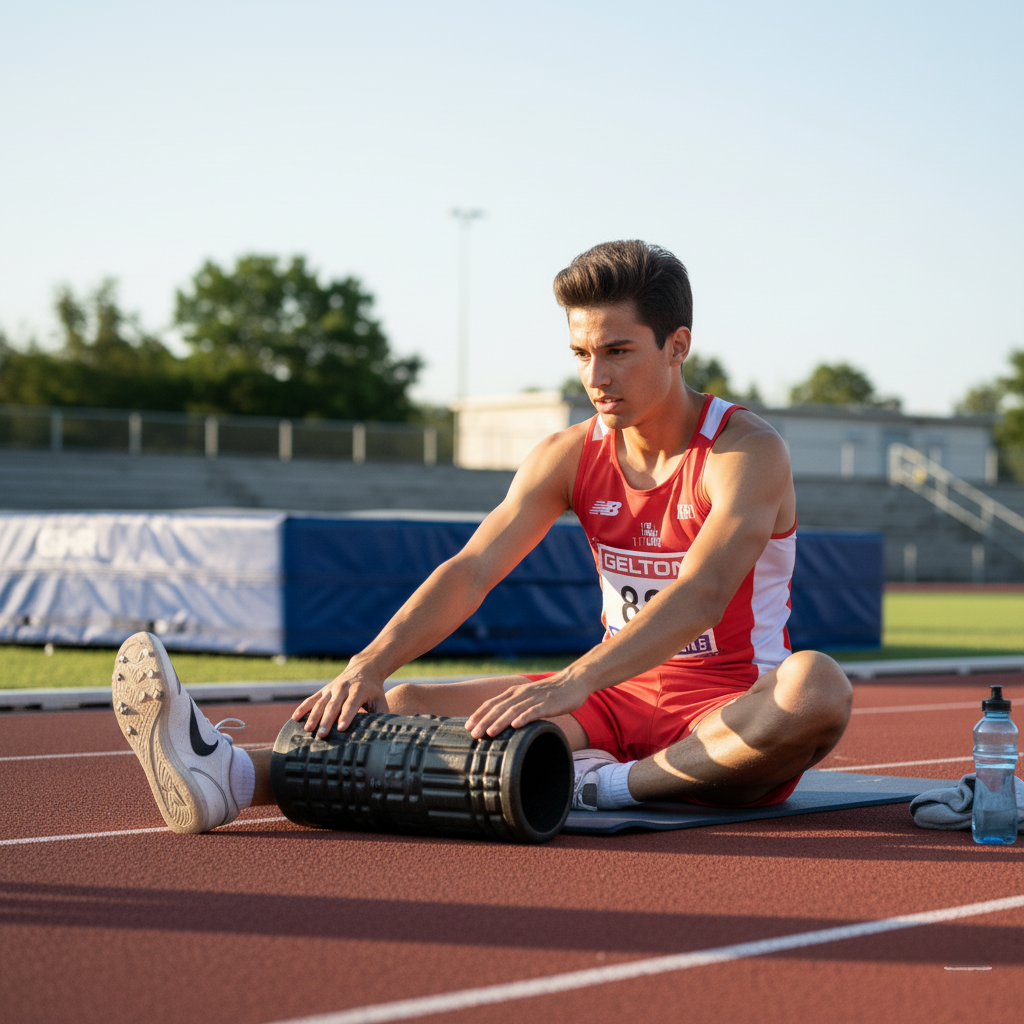 High Jumper Training Load: An athlete engaged in a recovery session, using a foam roller or stretching.