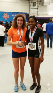 Competitive Rivalry in High Jump: Athletes congratulating each other