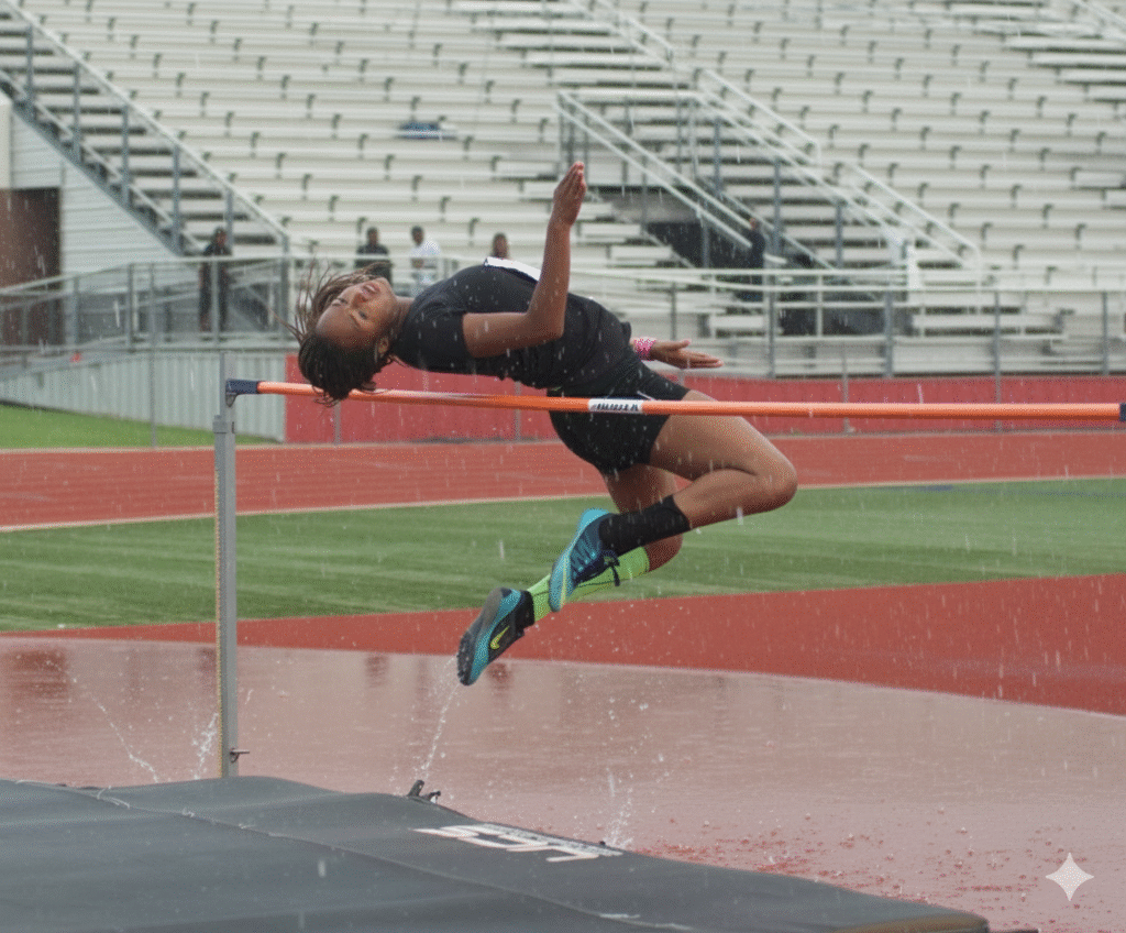 A high jumper competing in the rain