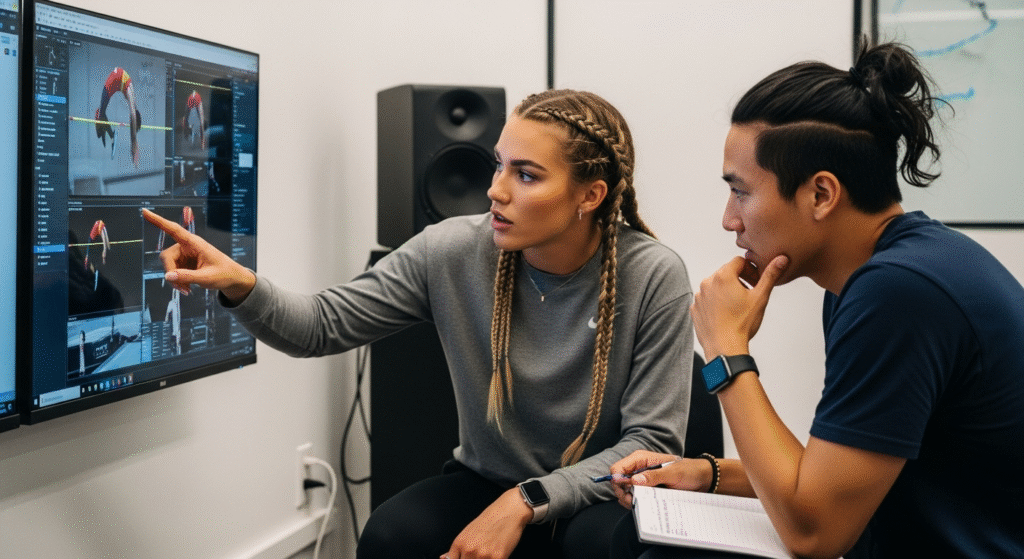 High Jump Coaching Techniques: An elite coach using video analysis software to break down an athlete's high jump approach and takeoff.