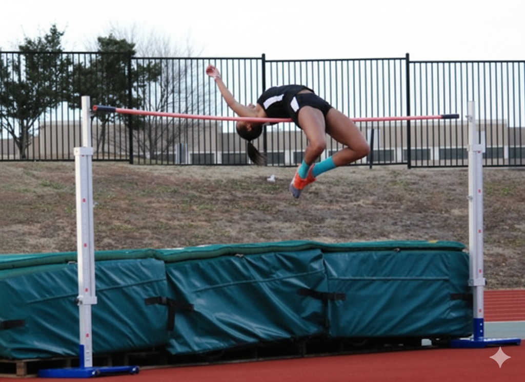Competitive Rivalry in High Jump: athlete in midair jump