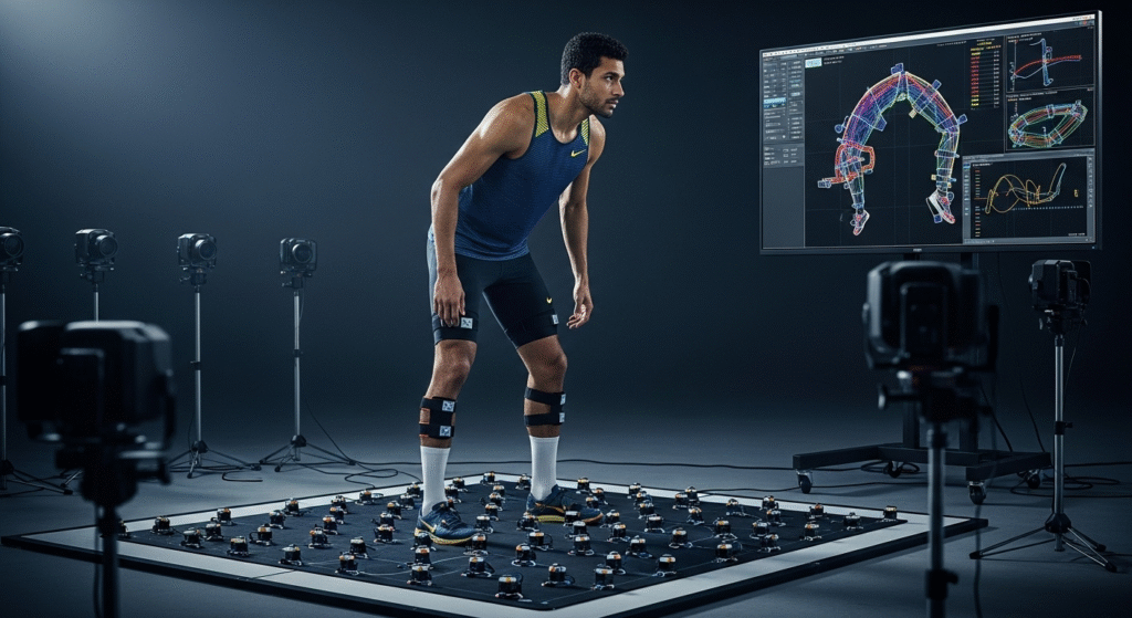 Sports science high jump: A high jumper doing a plyometric exercise like a box jump, with a focus on their explosive power and proper form, in a gym or training facility.