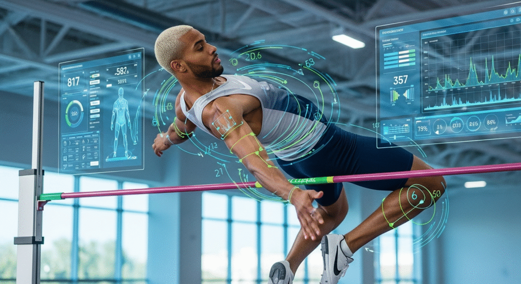 Sports science high jump: A high jumper in mid-air with motion capture sensors on their body, overlaid with digital lines and data points to represent biomechanical analysis.