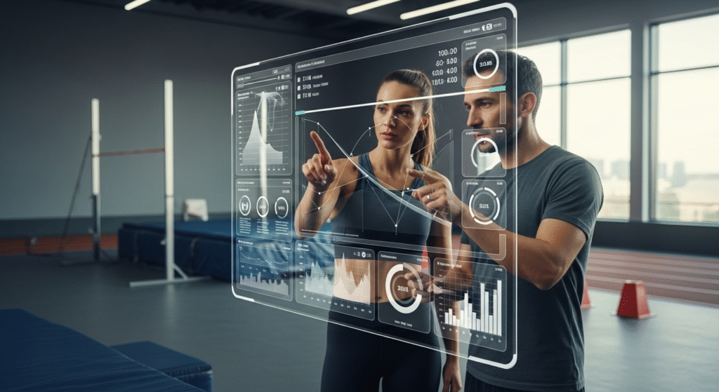Sports science high jump: An athlete and coach looking at a tablet displaying performance data and charts from wearable technology,