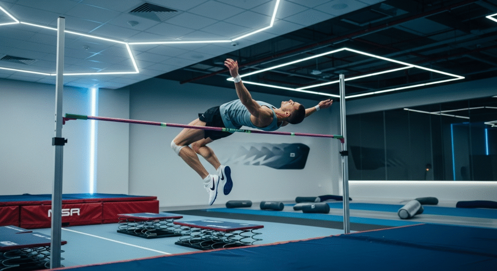 Sports Science High Jump: A high jumper in mid-air with motion capture sensors on their body, overlaid with digital lines and data points to represent biomechanical analysis.