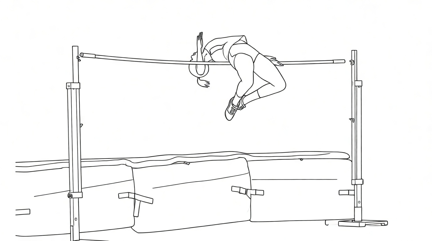 Female collegiate athlete at peak of Fosbury Flop showing full back arch and hip position over bar