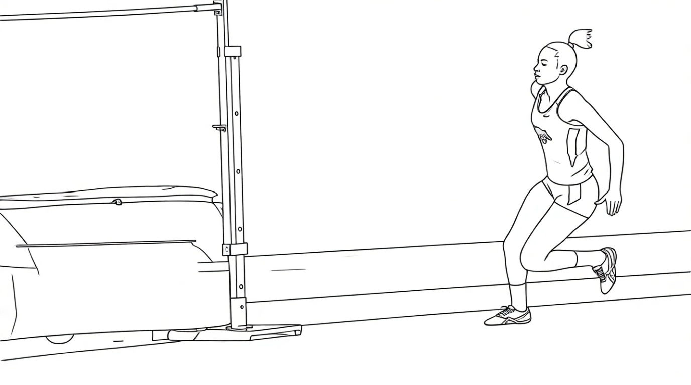 Collegiate athlete mid-approach on J-curve path showing correct body lean into high jump bar