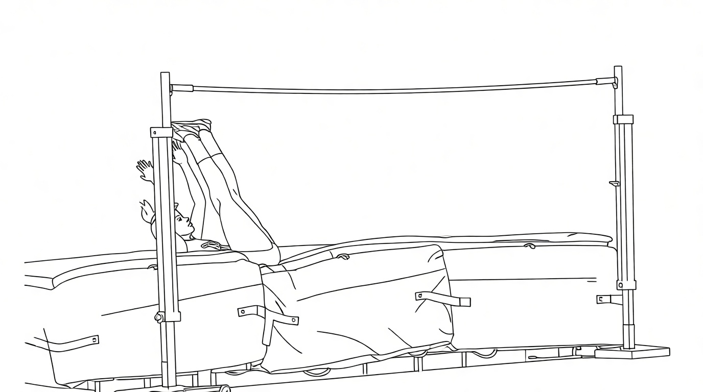 Collegiate athlete landing correctly on upper back and shoulders in high jump pit after Fosbury Flop