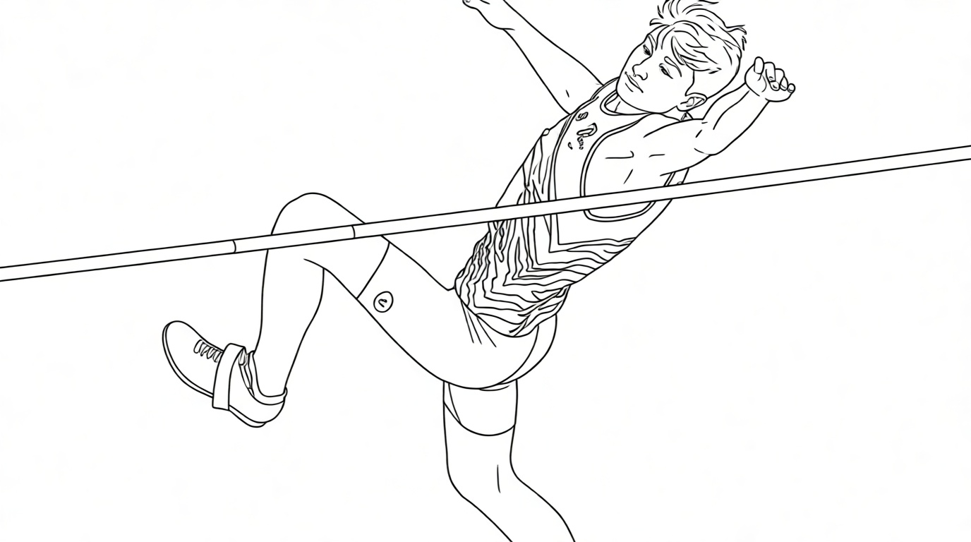 Male collegiate athlete at high jump takeoff moment with lead knee driving up and plant foot on ground