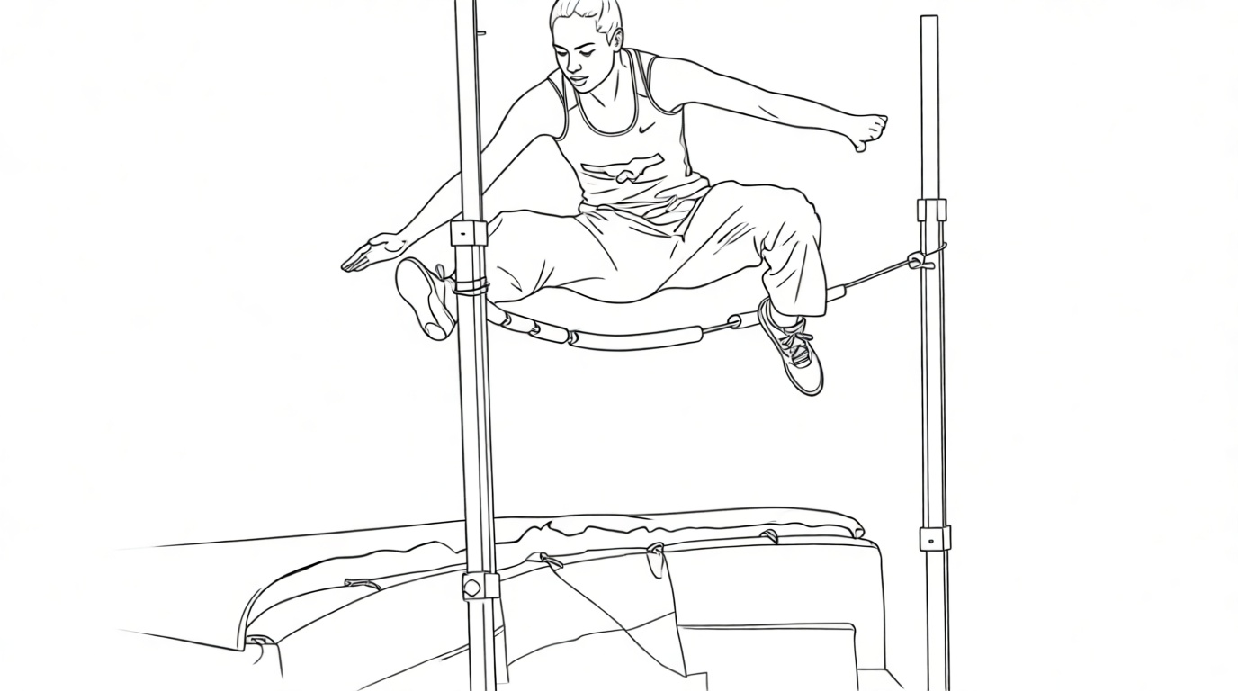 Collegiate athlete performing scissors kick high jump technique over a low bar at outdoor track